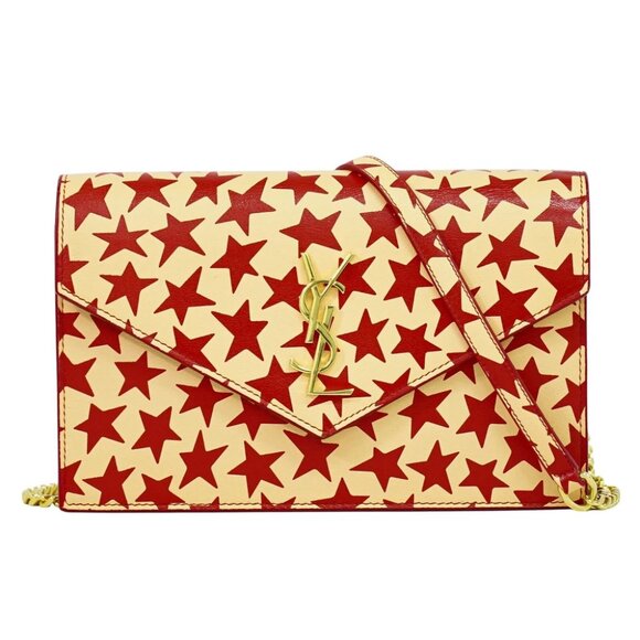 SAINT LAURENT Star Leather Wallet On Chain Red Orange Gold YSL - Picture 1 of 10